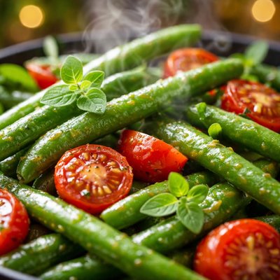 Image of Fresh Green Beans with Tomatoes and Oregano