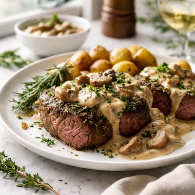 Image of Fresh Herb Coated Beef Tenderloin Steaks with Mushroom Gravy