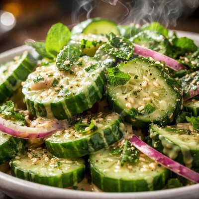 Image of Fresh Mint and Cucumber Salad with Tahini Vinaigrette