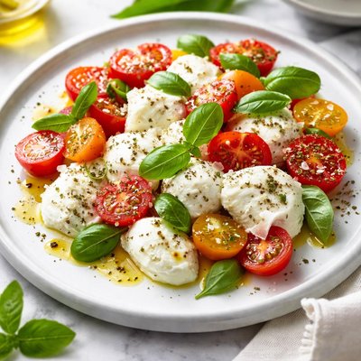 Image of Fresh Mozzarella Cheese with Tomatoes Basil Olive Oil