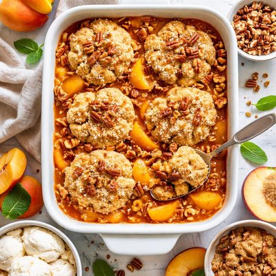 Image of Fresh Peach Cobbler with Praline Biscuits