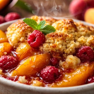 Image of Fresh Peach Cobbler with Raspberries
