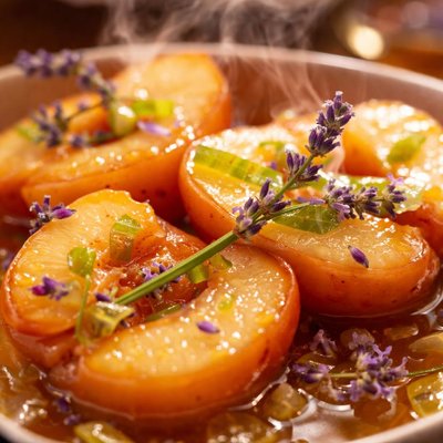 Image of Fresh Peaches in Sauternes Soak with Angelica and Lavender