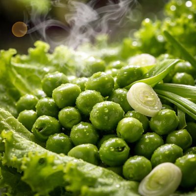 Image of Fresh Peas with Lettuce and Green Garlic