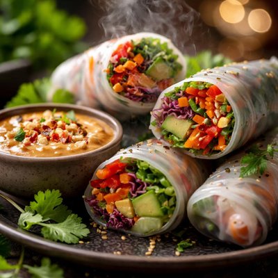Image of Vegan Fresh Rice Wraps with Spicy Peanut Sauce