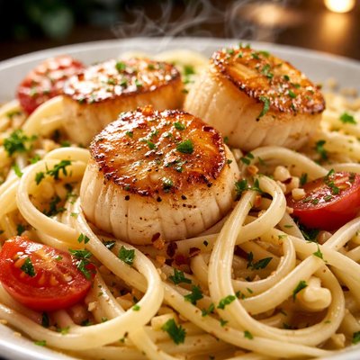 Image of Fresh Scallops in White Wine Over Pasta