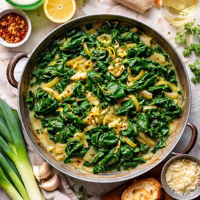 Image of Fresh Spinach with Leeks in Pernod