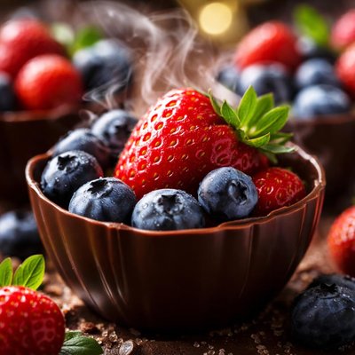 Image of Fresh Strawberries and Blueberries in Chocolate Cups