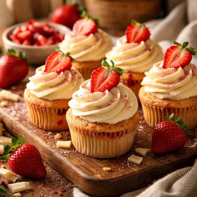 Image of Fresh Strawberry Cupcakes with White Chocolate Buttercream Frost