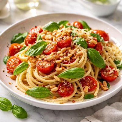 Image of Fresh Tomato and Basil Pasta with Toasted Pine Nuts