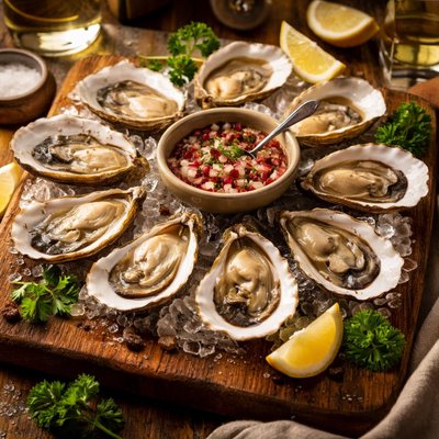 Image of Freshly Shucked Oysters and Sauce Mignonette with a Twist