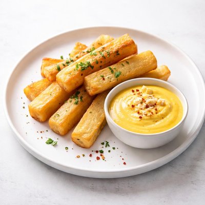 Image of Fried Cassava Yuccas with Peruvian Huancaina Sauce