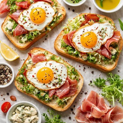 Image of Fried Egg Prosciutto Frisee and Blue Cheese on Ciabatta