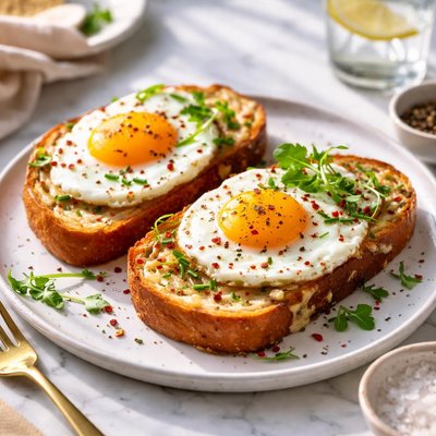 Image of Fried Eggs on Garlic Toast