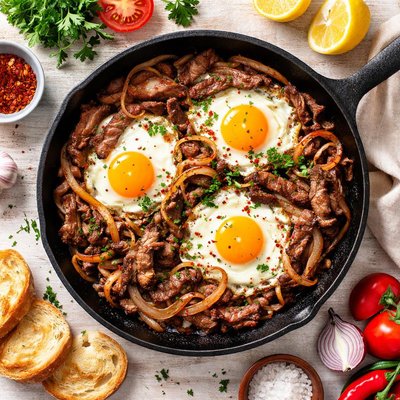 Image of Fried Eggs with Beef and Onions