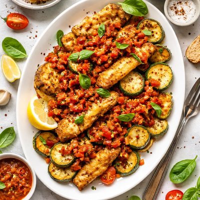 Image of Fried Fish Zucchini with Spicy Tomato Sauce