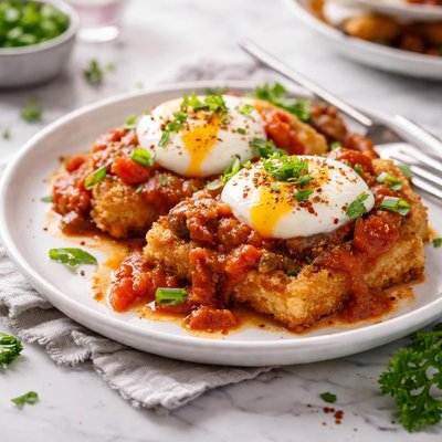 Image of Fried Grit Cakes with Eggs and Tomato Gravy