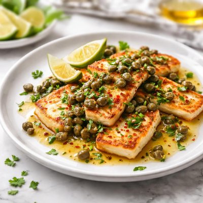Image of Fried Halloumi Cheese with Lime and Caper Dressing