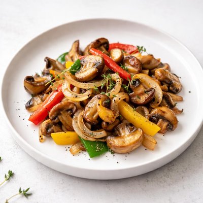 Image of Fried Mushrooms Onions and Peppers