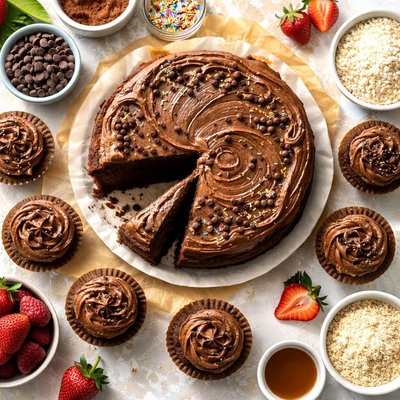 Image of Frosted Chocolate Cake and Cupcakes Gluten Dairy Egg Fre