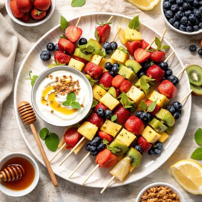 Image of Fruit Kebabs with Yogurt and Honey Dip
