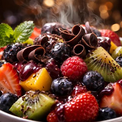 Image of Fruit Salad with Blueberry Glaze and Dark Chocolate Curls