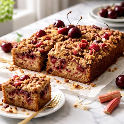 Image of Fudgy Cherry Rhubarb Coffee Cake