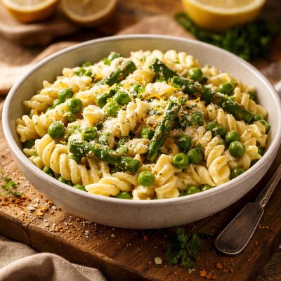 Image of Fusilli with Lemon Cream Sauce Asparagus and Peas