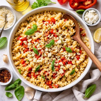 Image of Fusilli with Three Cheese and Red Bell Pepper