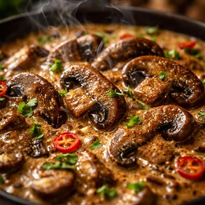 Image of Garam Masala Sauteed Portobello Mushroom Curry in Porcini Cream