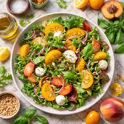 Image of Garden Greens with Yellow Tomatoes and Peaches