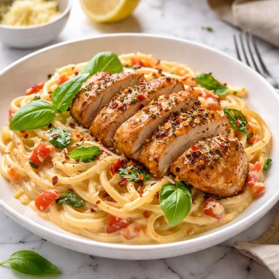 Image of Garlic Basil Chicken with Red Roasted Pepper Alfredo Spaghetti