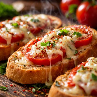 Image of Garlic Bread with Ripe Tomatoes and Manchego Cheese