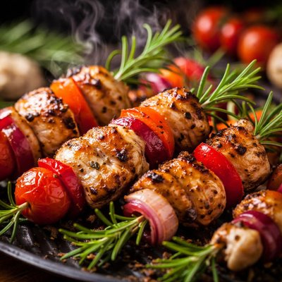 Image of Garlic Chicken Kabobs on Rosemary Skewers