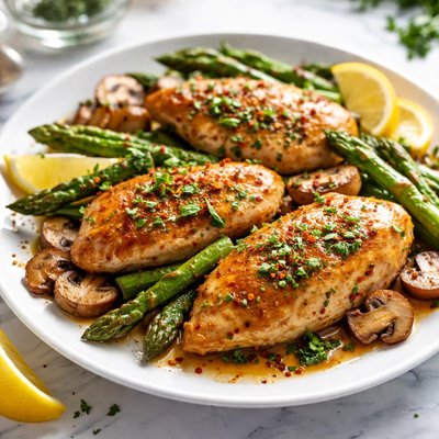 Image of Garlic Chicken with Asparagus and Mushrooms