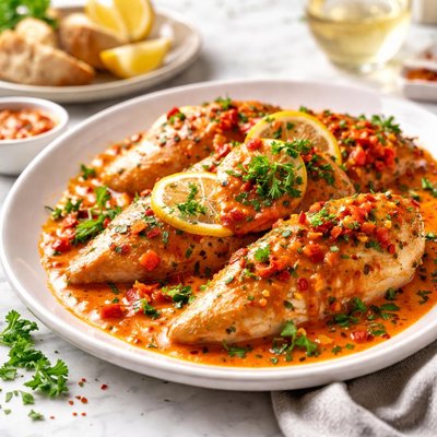 Image of Garlic Chicken with Sweet Roasted Pepper Sauce
