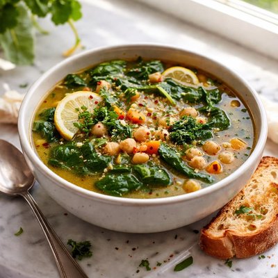 Image of Garlic Chickpea and Spinach Soup