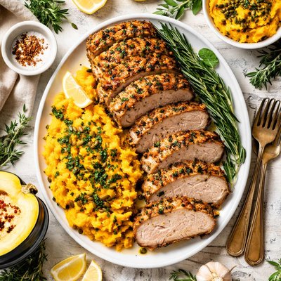 Image of Garlic Crusted Pork Loin with Mashed Acorn Squash