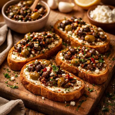 Image of Garlic Feta Toasts with a Warm Olive Spread