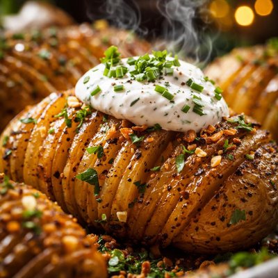 Image of Garlic Hasselback Potatoes with Herbed Sour Cream