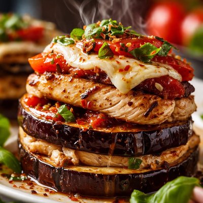 Image of Garlic Infused Chicken Eggplant and Roasted Red Peppers Stacks