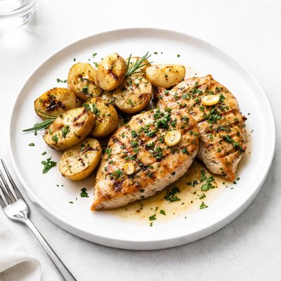 Image of Garlic Marinated Chicken Cutlets with Grilled Potatoes