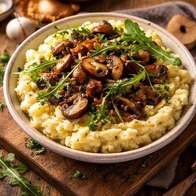 Image of Garlic Mashed Potatoes with Mushrooms and Arugula Rocket