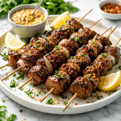 Image of Garlic Mustard Grilled Beef Skewers