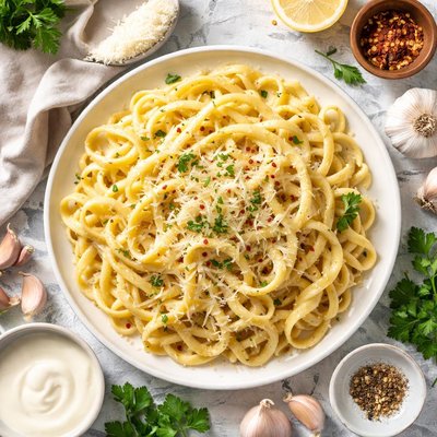 Image of Garlic Parmesan Cream Sauce Over Pasta