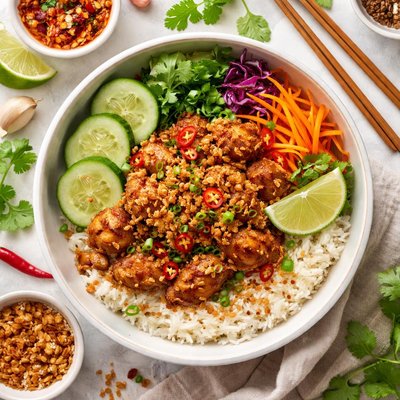Image of Garlic Pepper Chicken Mix Bowl Thai Gai Tod Kratiem Prik Tai