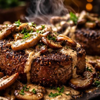 Image of Garlic Pepper Encrusted Buffalo Steaks with Wild Mushroom Sauce