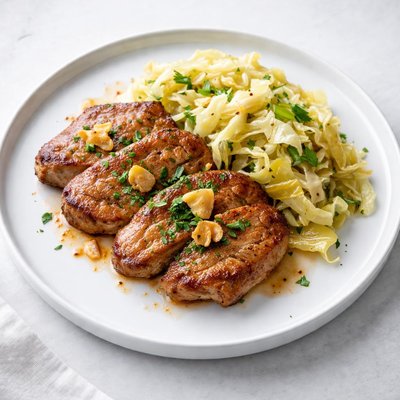 Image of Garlic Pork Cutlets with Buttered Cabbage