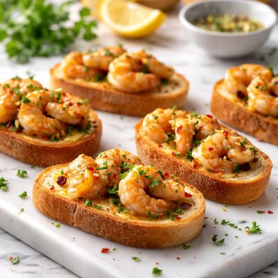 Image of Garlic Prawn Appetizer on Baguette Toasts