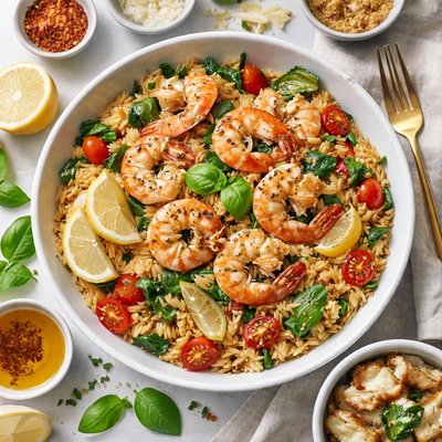 Image of Garlic Prawns with Risoni Tomato Artichoke